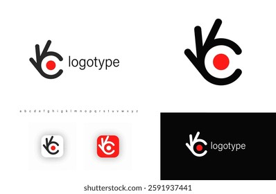 Hand making OK gesture, integrated with red point. Represents good quality for japanese kitchen, good food, sushi and roll restaurant branding. Vector logo. 