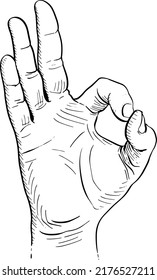 Hand making the OK gesture, palm forward. Black and white vector illustration, white background. Hand gesture concept.