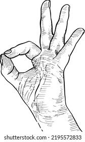 Hand making the OK gesture, palm forward. Black and white vector illustration, white background. Hand gesture concept.