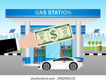 Hand Making Payment by Cash Money at Gas Station. Refueling Car Concept. Vector Illustration.  