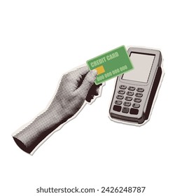 Hand making payment by Credit Card with Bank Terminal. Payment with POS in Store. Torn out paper halftone collage element. Vector illustration