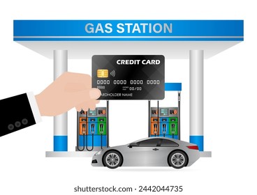 Hand Making Payment by Credit Card at Gas Station. Refueling Car Concept. Vector Illustration.  