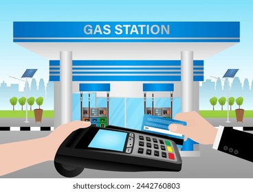 Hand Making Payment by Credit Card at Gas Station. Refueling Car Concept. Vector Illustration.  