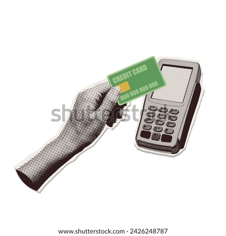 Hand making payment by Credit Card with Bank Terminal. Payment with POS in Store. Torn out paper halftone collage element. Vector illustration