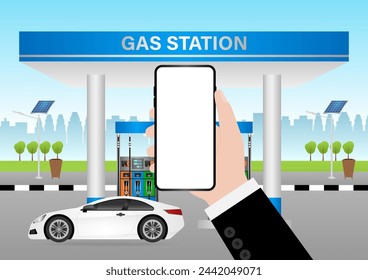 Hand Making Payment by Smart Phone at Gas Station. Refueling Car Concept. Vector Illustration.  