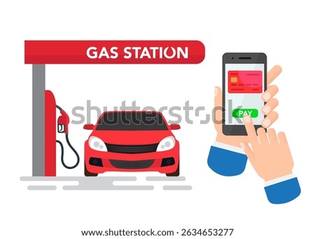 Hand Making Payment by Smart Phone at Gas Station. Refueling Car Concept. stock illustration