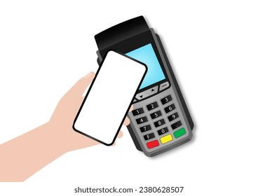 Hand Making Payment by Using Smartphone Connected to POS - Point of Sale Terminal. Wireless or Contactless Payment Concept Vector Illustration. 