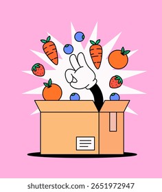 Hand making a peace sign emerging from a cardboard box with fruits and vegetables like carrots, blueberries, oranges, and strawberries exploding outward cartoon illustration hand drawn vector
