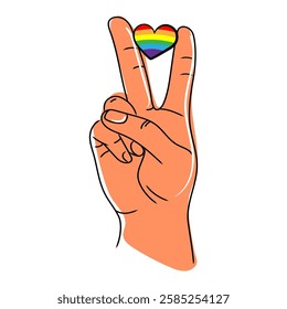 Hand making a peace sign with a rainbow heart symbol representing LGBTQ pride, love, and unity.Hand with Rainbow Heart and Victory Sign.Vector illustration