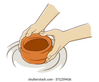 Hand making pottery from clay, vector illustration