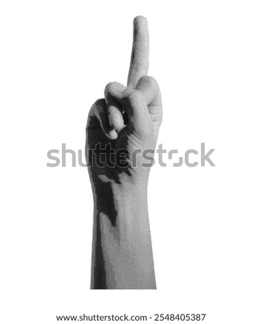 Hand making a provocative middle finger gesture, isolated in retro halftone dot style. Offensive and indecent sign symbolizing aggression, inspired by nostalgic 1990s vintage