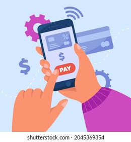 Hand making purchase with electronic bank account on phone app. Person holding smartphone and touching pay button, credit card flat vector illustration. Online shopping, money, digital banking concept