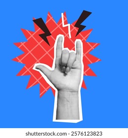 Hand making Rock and Roll sign halftone collage vector illustration. Embodying energy and musical passion symbol in body language on blue background