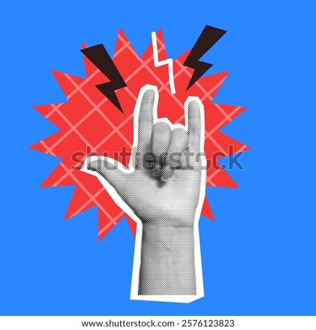 Hand making Rock and Roll sign halftone collage vector illustration. Embodying energy and musical passion symbol in body language on blue background
