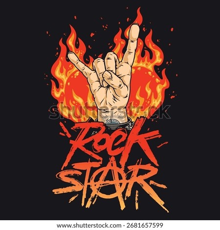 A hand is making the rock sign gesture in front of bright flames. The design features bold text with a prominent 'rock star' theme that conveys energy and enthusiasm.
