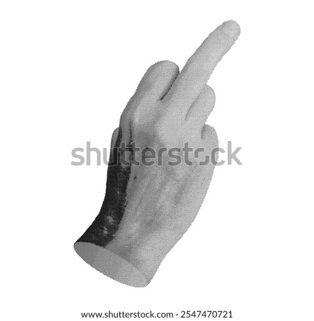 Hand making a rude middle finger gesture, isolated in retro halftone dot style. Provocative and offensive symbol of aggression or insult, inspired by 1990s vintage grunge