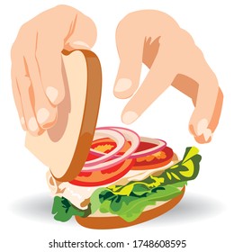 Hand making sandwitch. Homemade sandwitch with lettuce, cheese and red tomato. Sandwiches,freshness,fastfood concept. Vector illustration.