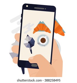 Hand making a smartphone photo of breakfast coffee and croissant. Modern trend taking pictures of food in restaurants.  Flat design vector illustration. 