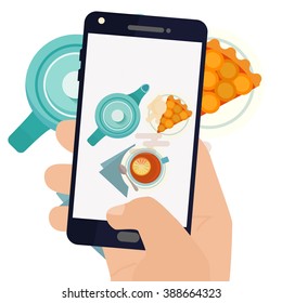 Hand making a smartphone photo of breakfast tea and apricot pie. Modern trend taking pictures of food in restaurants.  Flat design vector illustration. 