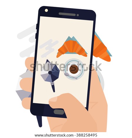 Hand making a smartphone photo of breakfast coffee and croissant. Modern trend taking pictures of food in restaurants.  Flat design vector illustration. 