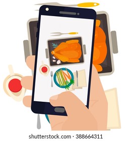 Hand making a smartphone photo dinner with roasted turkey and vegetables. Modern trend taking pictures of food in restaurants.  Flat design vector illustration. 