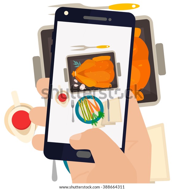 焼いた七面鳥と野菜を使ってスマートフォンで写真を撮る手作り レストランで食べ物の写真を撮る現代の流行 フラットなデザインベクターイラスト のベクター画像素材 ロイヤリティフリー