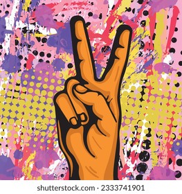 Hand haciendo el símbolo de la victoria al estilo del arte pop. Ilustración vectorial dibujada a mano.