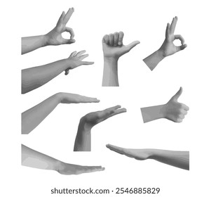 Hand making a thumb up gesture, symbolizing positivity, isolated in retro halftone dot style. Vintage 1990s inspired design with grunge texture, perfect for nostalgic or trendy