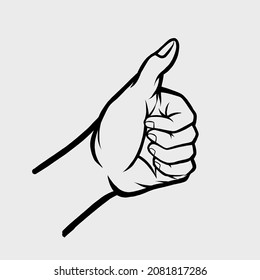 Hand making thumb up gesture. Thumbs up vector line art illustration isolated on white. Icon, symbol like.
