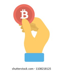 A hand making transaction via bitcoin showing icon of pay with bitcoin
