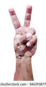 A hand making the V symbol for victory isolated against white, low poly vector illustration.
