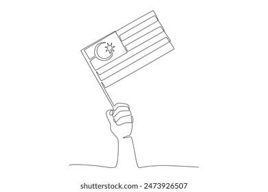 Hand with Malaysian flag. Malaysia independence day concept one-line drawing