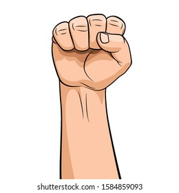 Hand Male Clenched Fist Raised to Top. Male Rage Force Riot Palm on White Background. Can be Used as a Winner, Revolutionary or a Rebel. Closeup with Space for Text