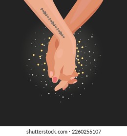 Hand in hand, Male hand holding female, romantic illustration on black background with backlight. Vector graphic print.