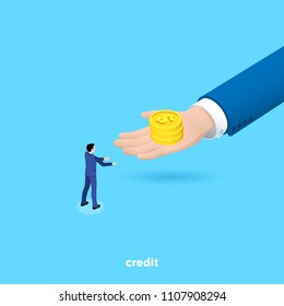 the hand of a man in a business suit gives gold coins to another man, an isometric image