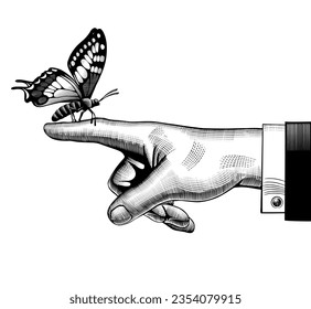 Hand of a man with a butterfly sitting on his index finger. Vintage engraving stylized drawing. Vector illustration