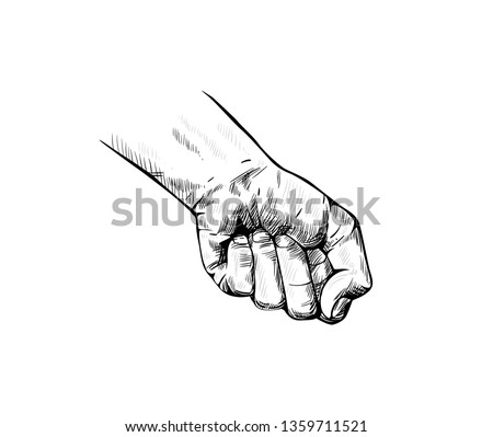 Hand of a man clenched into a fist, View from the palm. Arm symbol of struggle, gesture of strength, protest, fight, aggression and protection. Male wrist, part of the body. Vector hand drawn sketch 