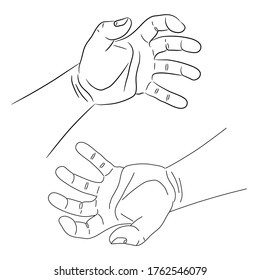Hand of a man with clenching fingers from the contour black brush lines different thickness on white background. Vector illustration.