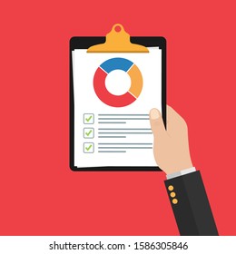 in the hand of man clipboard.Audit research vector icon, financial report data analysis, accounting analytics concept with charts and diagrams. Clipboard vector template. Stock vector illustration.