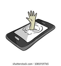 hand of man drowning in mobile phone vector illustration sketch doodle hand drawn with black lines isolated on white background. mobile phone addiction concept