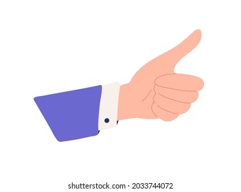 Hand of man gesturing thumb up, approving smth and expressing agreement. OK, Like and Yes sign. Good positive feedback. Concept of support. Flat vector illustration isolated on white background