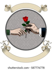 Hand of man give a red rose to woman and old ribbons. Retro style valentine greeting card design. Vintage color engraving stylized drawing. Vector illustration