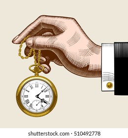 Hand of man with a gold retro pocket watch. Vintage color stylized drawing. Vector Illustration