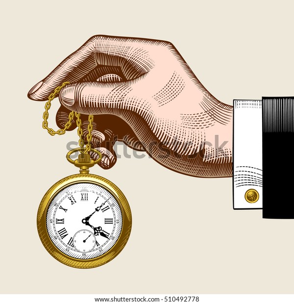 レトロな金色の懐中時計を持つ男の手 ビンテージ色のスタイル化された図面 ベクターイラスト のベクター画像素材 ロイヤリティフリー