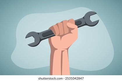 Hand of man hold wrench on blue background. Labor symbol concept vector illustration