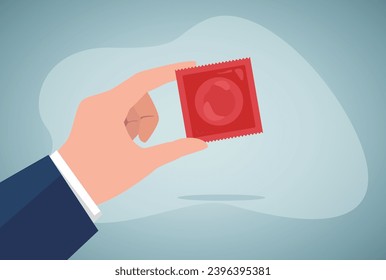 Hand of man holding condom packaging. Gynecologist or pharmacist holding contraceptive flat vector illustration. Medicine, protection, health concept for banner, website design or landing web page