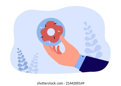 Hand of man holding donut. Male office worker eating biscuit or doughnut with candy sprinkles and icing for breakfast or coffee break while working flat vector illustration. Sweet food concept