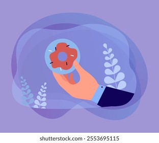 Hand of man holding donut. Male office worker eating biscuit or doughnut with candy sprinkles and icing for breakfast or coffee break while working flat vector illustration. Sweet food concept