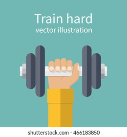 Hand Of Man Holding A Dumbbell. Vector Illustration Of A Flat Design. Weight Lifting, Train Hard Concept. Sports Lifestyle.