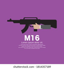 Hand Man Holding With A Gun M16 Used In War Vector Illustration.